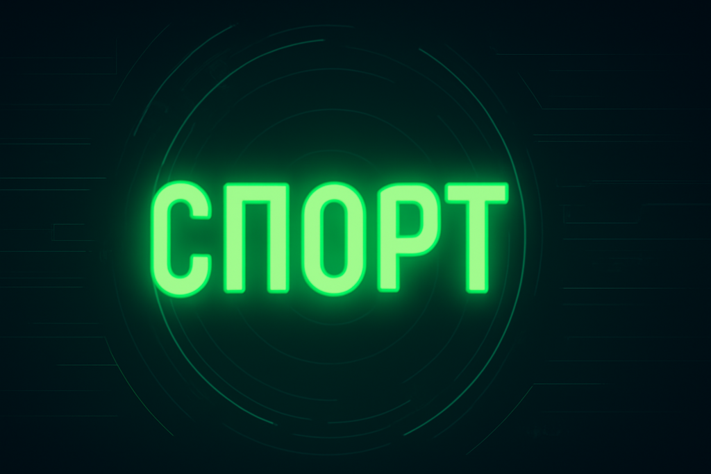 Изображение с надписью "СПОРТ" в ярких неоновых зеленых буквах на темном фоне, с футуристичными цифровыми элементами.