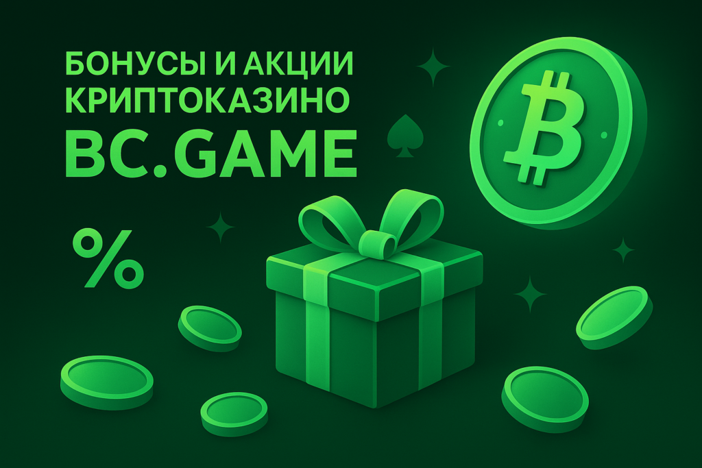 Футуристический зелёный баннер для бонусов криптоказино BC.Game с сияющим символом Биткойна, подарочной коробкой, значком процента и монетами на тёмном фоне.