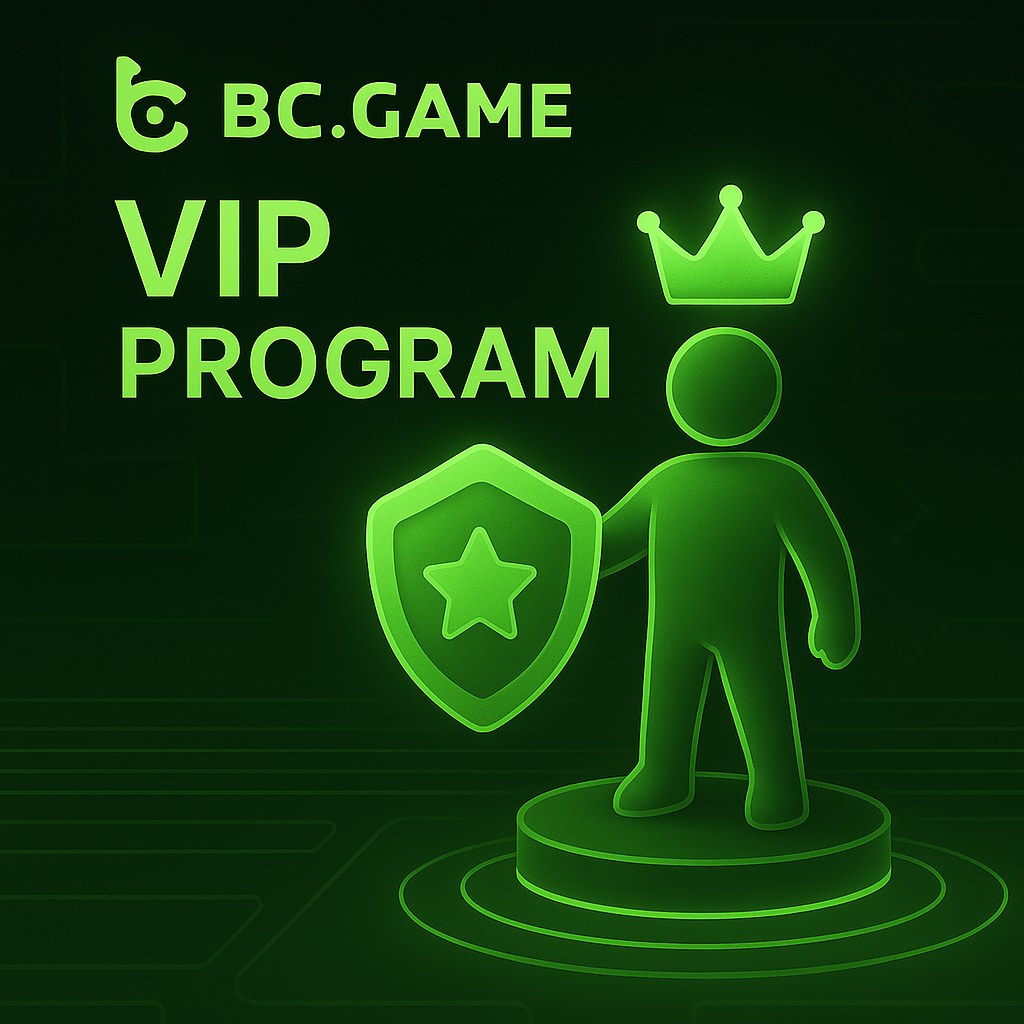 Futuristic digital illustration of the BC.Game VIP Program featuring a glowing humanoid figure with a crown and shield, standing on a pedestal, with the BC.Game logo .