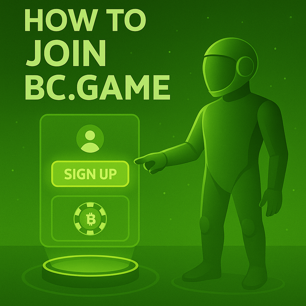 Futuristic green illustration: a figure in a spacesuit presses the 'Sign Up' button to join BC.Game, with a user icon and Bitcoin chip displayed beside it.